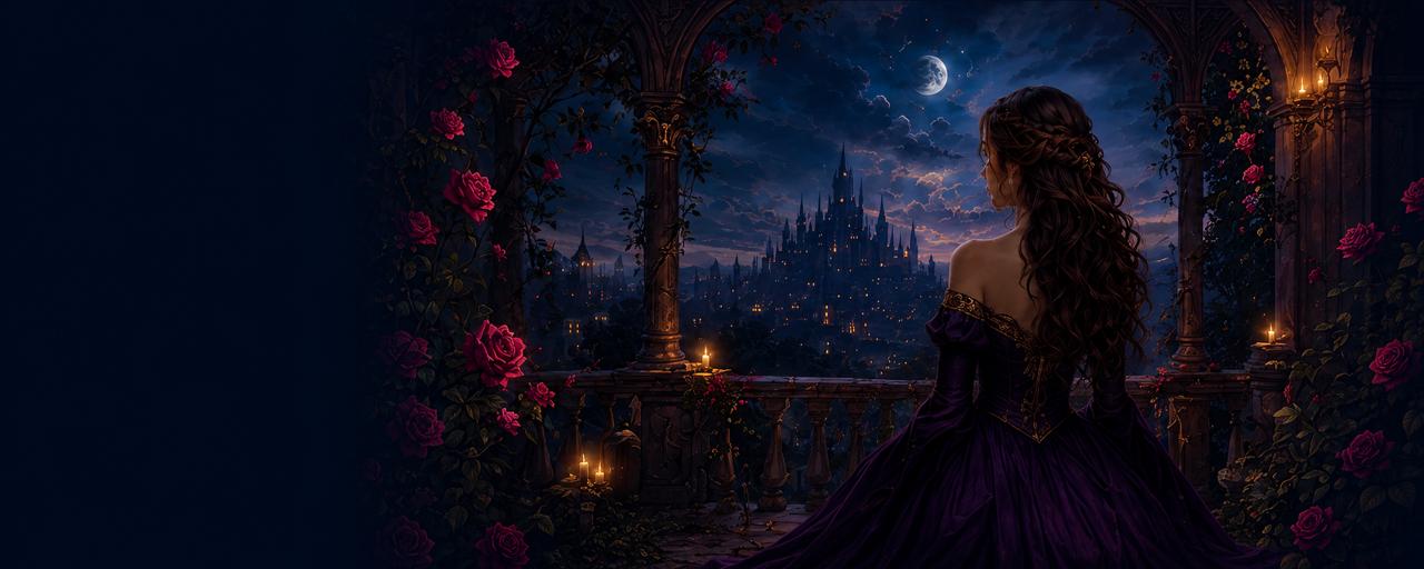 A woman in a violet gown overlooking a moonlit fairytale city